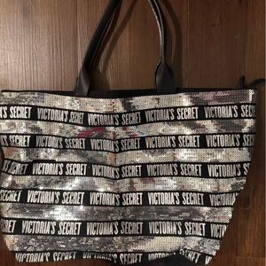 Victoria's Secret Black and Silver Sequin Logo Tote